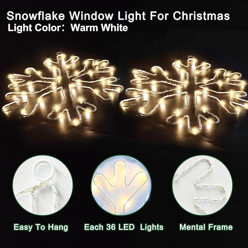 Christmas Snowflake Window Light Decoration 36 LED Timer 8 Modes Waterproof Battery Powered Christmas Lights Decoration Outdoor Indoor Porch Wall Door Christmas Holidays3