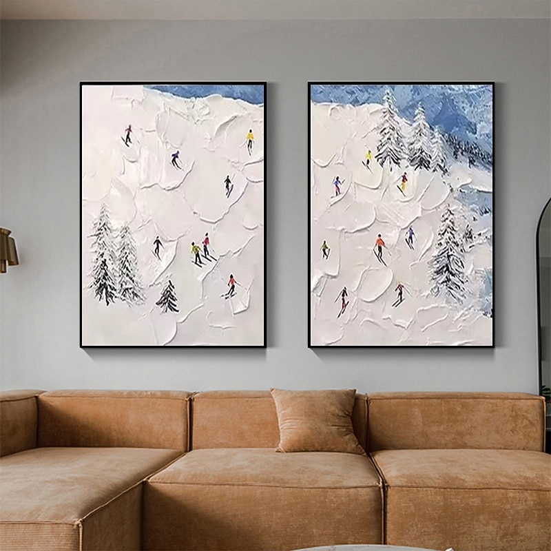 Ski Sport Painting on Canvas Winter Painting Handpainted Texture Wall Art Skier on Snowy Mountain Art White Snow Landscape Painting For Home Room Decor Stretched Frame Ready to Hang3