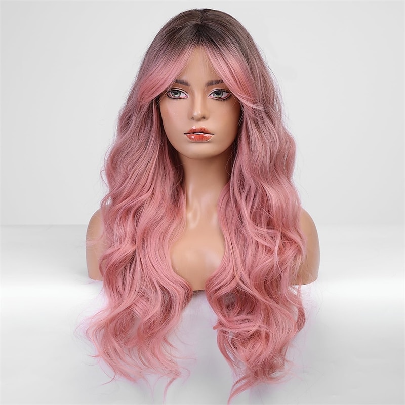 Long Pink Wavy Wig for Women Ombre Pink Wig Dark Root 26 Inch with Bangs Curly Wavy Wig Natural Looking Synthetic Heat Resistant Fiber Wig for Daily Party Use4