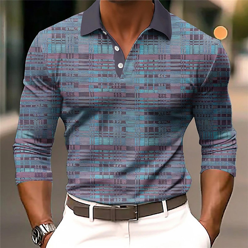 Men's Polo Shirts Golf Shirt Long Sleeve Polo Shirts Collared Shirts Business Casual WorkWear Formal Wear Festival Wear 3D Print Buttons Fall & Winter Blue Light Purple Purple4