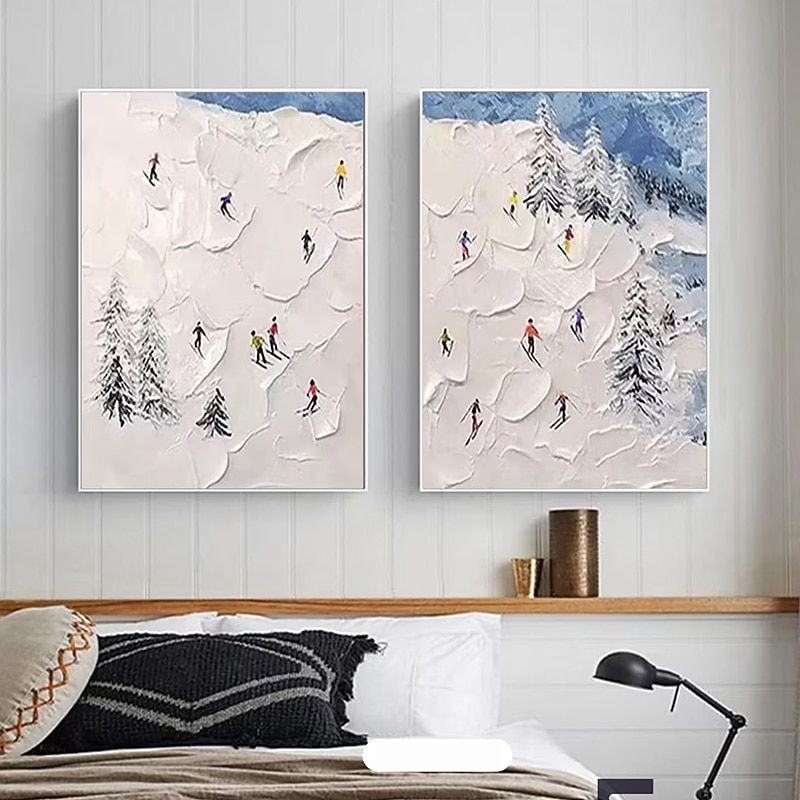 Ski Sport Painting on Canvas Winter Painting Handpainted Texture Wall Art Skier on Snowy Mountain Art White Snow Landscape Painting For Home Room Decor Stretched Frame Ready to Hang