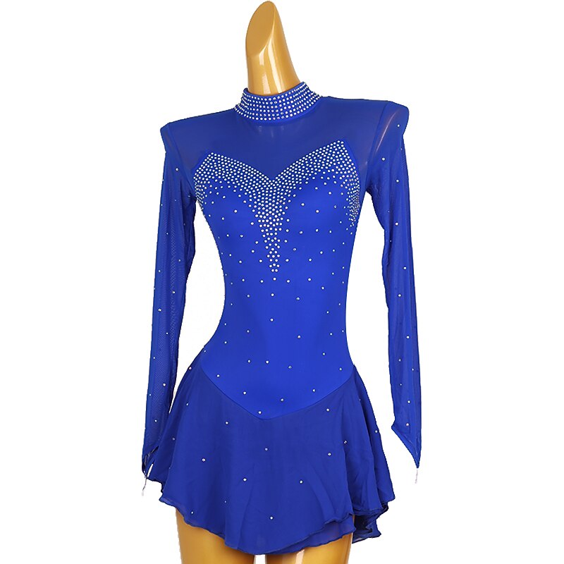 Figure Skating Dress Women's Girls' Ice Skating Dress Red Royal Blue Patchwork Mesh High Elasticity Training Competition Skating Wear Classic Crystal / Rhinestone Long Sleeve Ice Skating Figure2