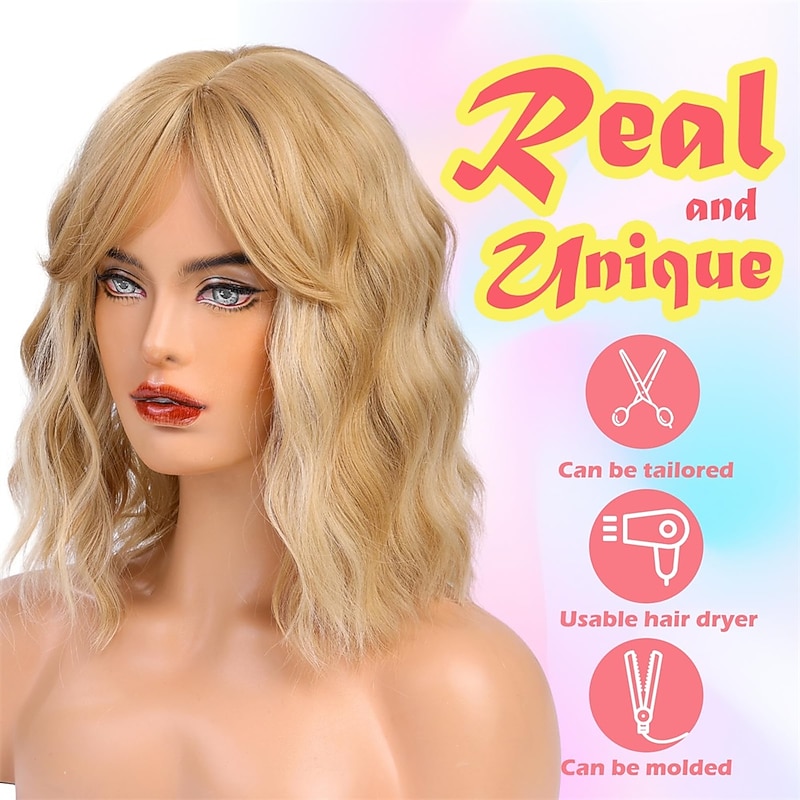 Blonde Bob Wigs for WomenSynthetic Wavy Curly Hair Wig with Bangs for Daily Use4