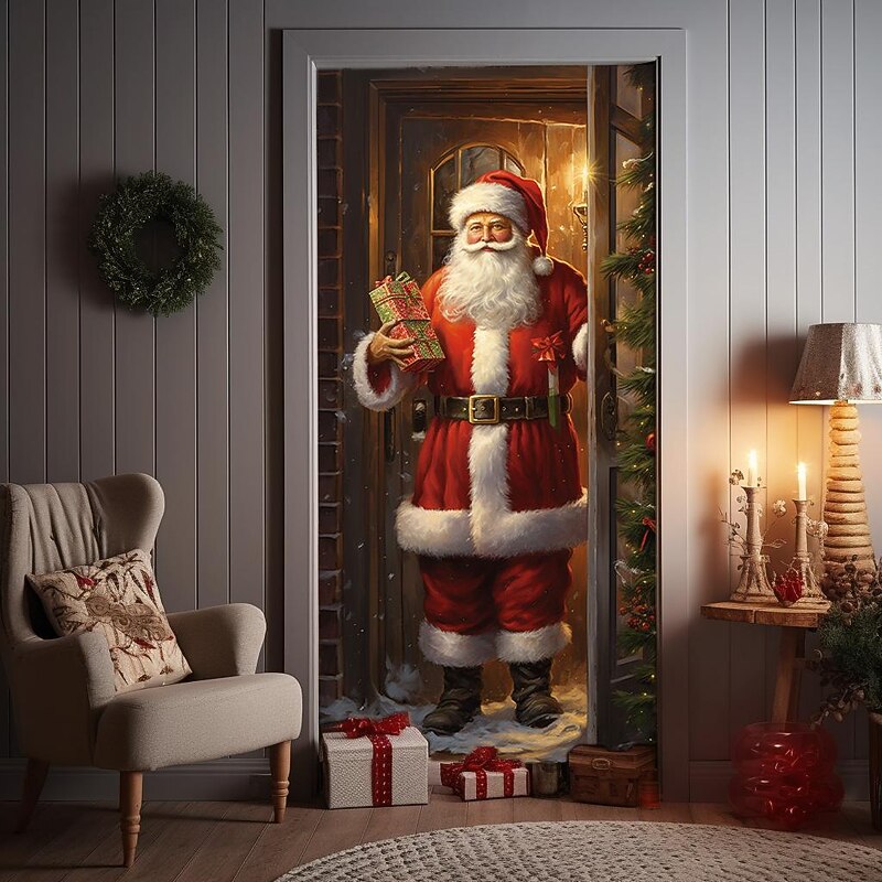 Christmas Door Decorations Santa Door Covers Door Tapestry Door Curtain Decoration Xmas Backdrop Door Banner for Front Door Holiday Party Decor Supplies3