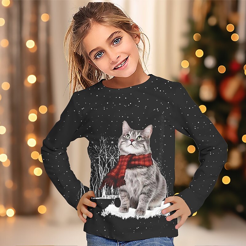 Girls' 3D Cat Tee Shirt Long Sleeve 3D Print Fall Winter Active Fashion Cute Polyester Kids 3-12 Years Crew Neck Outdoor Casual Daily Regular Fit