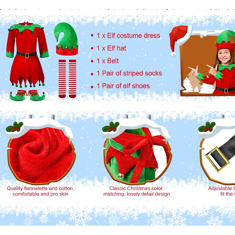 Elf Fancy Christmas Dress Santa Suits Cosplay Costumes Women's Girls' Christmas Kid's Adults' Christmas New Year Christmas Eve Dress Socks Hat Costume2