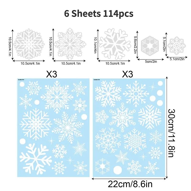 6sheets/set, 114pcs Snowflake Window Stickers, Christmas Decorations, Winter Door Background Decoration, White Snowflake Electrostatic Glass Stickers4