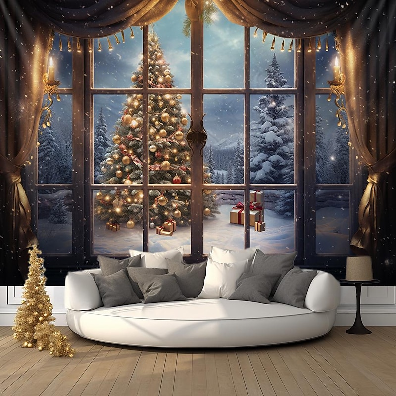 Christmas Decorations Christmas Tree Winter Hanging Tapestry Wall Art Xmas Large Tapestry Mural Decor Photograph Backdrop Blanket Curtain Home Bedroom Living Room Decoration Snow Window View4