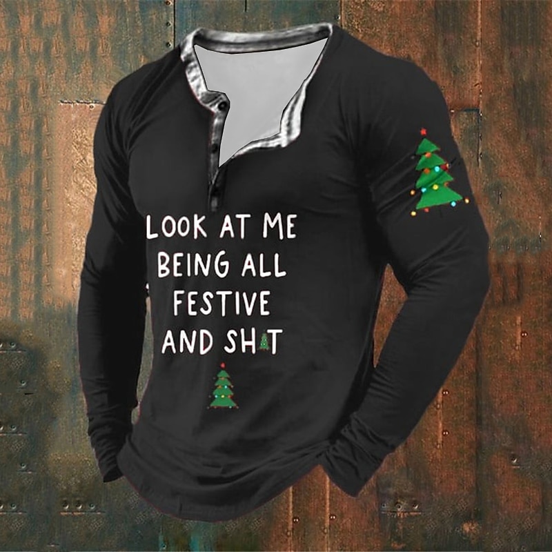 Christmas Men's Funny Christmas Henley T Shirt Graphic Letter Tree Fashion Daily Casual 3D Print Henley Casual Holiday Going out Black Red & White Green Long Sleeve Henley Spring &  Fall Clothing4
