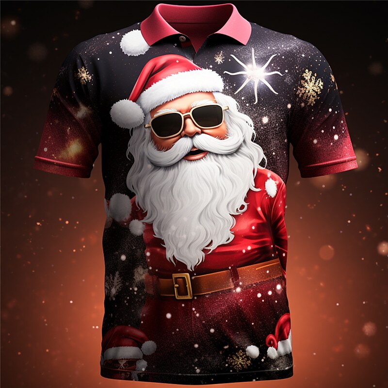 Christmas Men's Santa Claus 3D Polo Santa Claus Casual Golf Short Sleeve Outdoor Daily Wear Streetwear Autumn / Fall 3D Print Turndown Black Black / Red Red Polyester