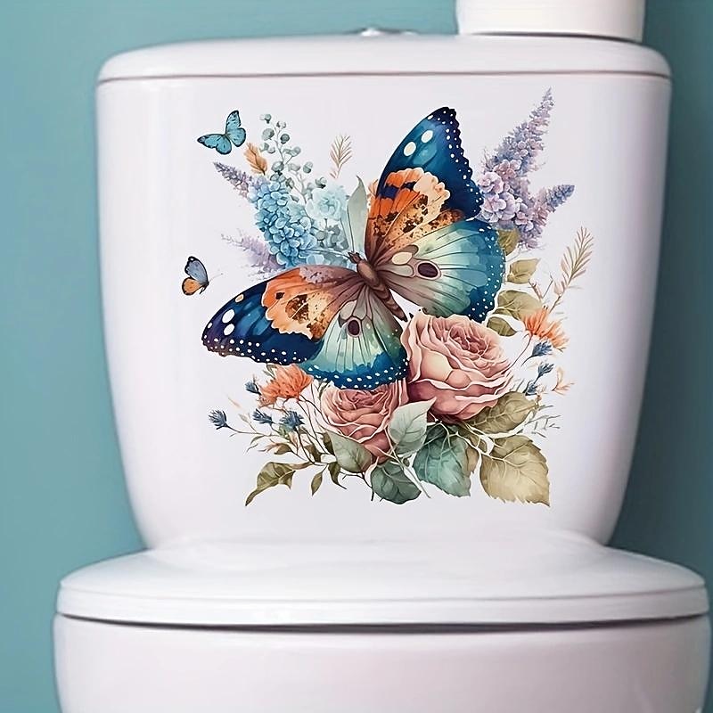 Floral Butterfly Toilet Seat Decal, Waterproof Self-adhesive Bathroom Decoration Decal, Bathroom Decoration Sticker, Home Decor