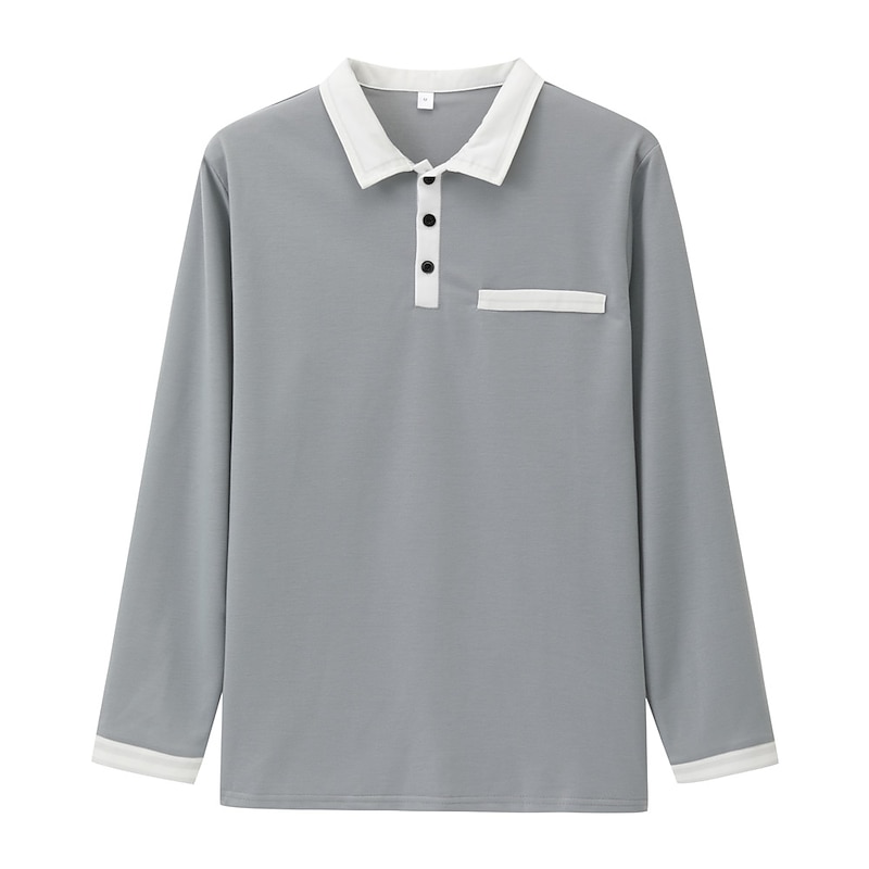 Men's Polo Shirt Button Up Polos Casual Holiday Lapel Long Sleeve Fashion Basic Color Block Patchwork Summer Regular Fit Navy-blue Dark Grey White Burgundy Grey Polo Shirt2