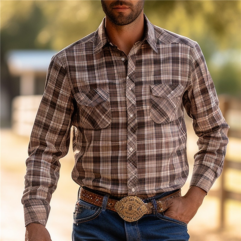 Men's Plaid Shirt Western Shirt Cowboy Shirt Long Sleeve Vintage Western Style Daily Wear Going out Weekend Fall & Winter Turndown Pocket Print Button-Down Black Burgundy Khaki Gray