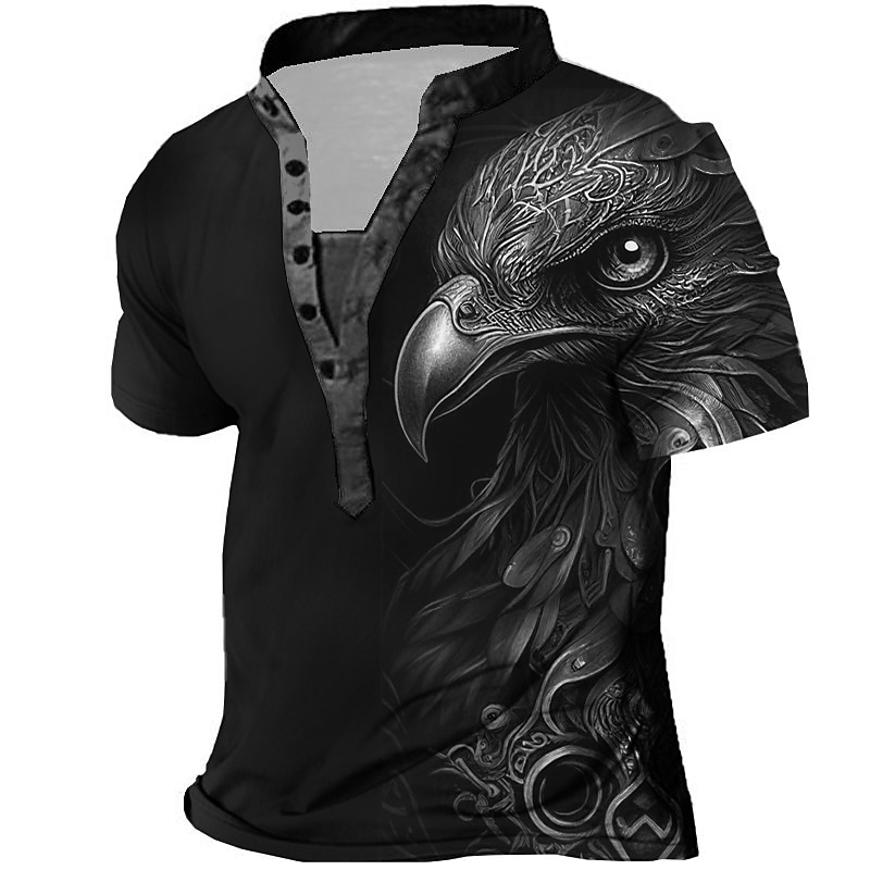 Men's Graphic Animal Eagle Henley Shirt Vintage Shirt Short Sleeve 3D Print Fashion Designer Basic Outdoor Daily Summer Blue Brown Green Gray Stand Collar Henley T-Shirt4