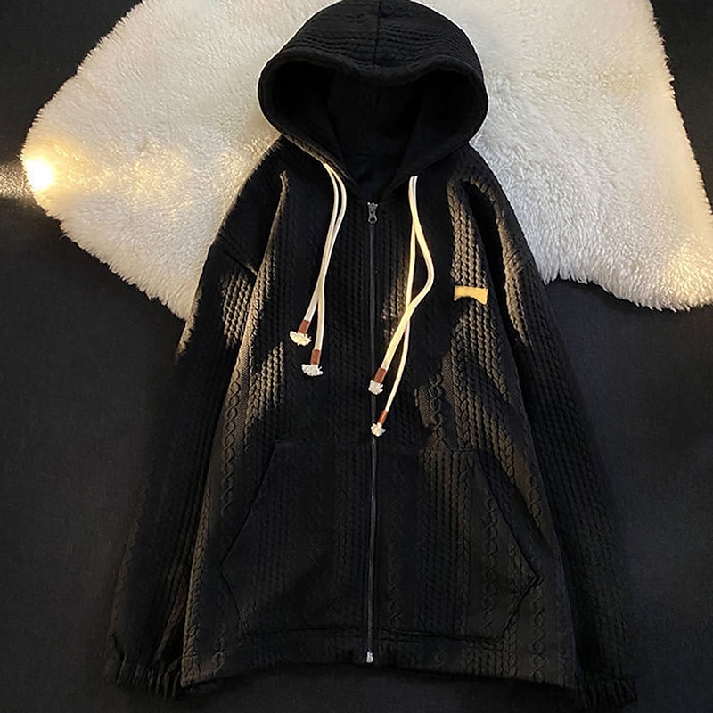 Women's Zip Up Hoodie Sweatshirt Active Sportswear Textured Jackets Solid Color Casual Sports Hoodie Zip Up Drawstring Front Pocket Long Sleeve Black White Fall & Winter 6