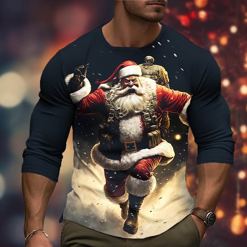 Christmas Men's Graphic Santa Claus T Shirt Long Sleeve T shirt 3D Print Crew Neck Shirt Fashion Designer Casual Sports Outdoor Holiday Going out Black Yellow Burgundy Spring &  Fall Clothing Apparel3