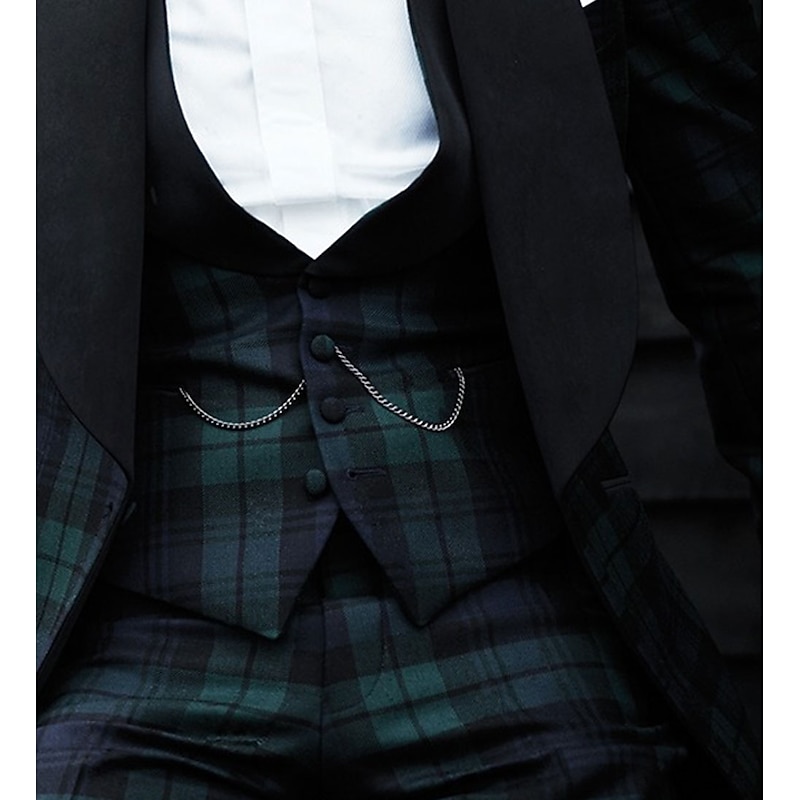 Men's Party Christmas Party Tuxedos Business WorkWear Green Plaid Slim Fit 3 Piece Single Breasted One-button2