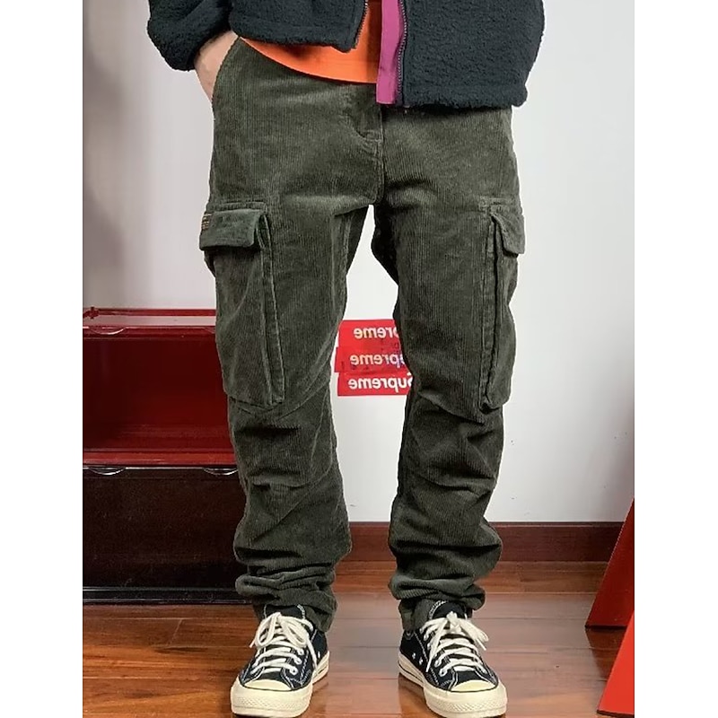 Men's Cargo Pants Cargo Trousers Corduroy Pants Pocket Plain Comfort Breathable Outdoor Daily Going out Fashion Casual Black Green3
