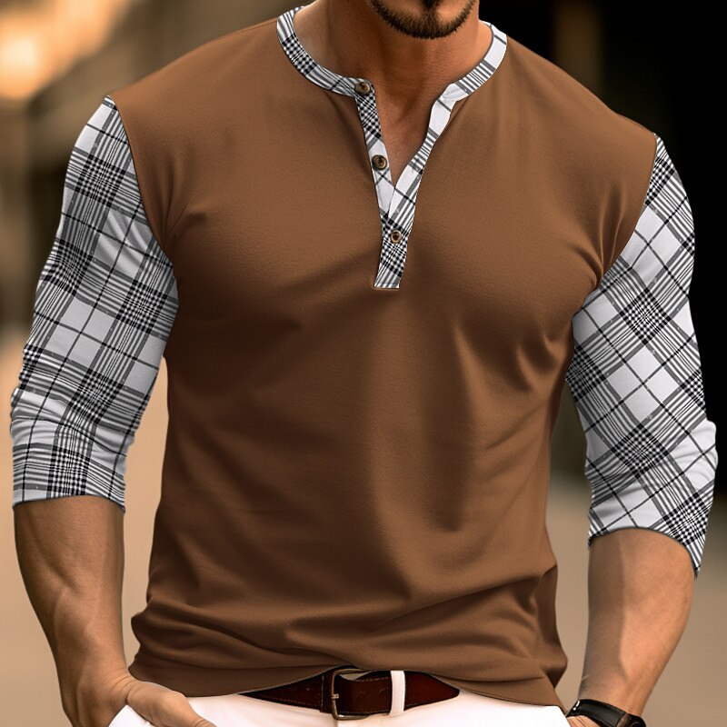 Men's Button T Shirt T Shirt Henley Shirt Tee Top Long Sleeve Henley Spring &  Fall Plaid Color Block Fashion Designer Basic Patchwork Vacation Street Going out Black Navy Blue Brown Top Tee for Men4