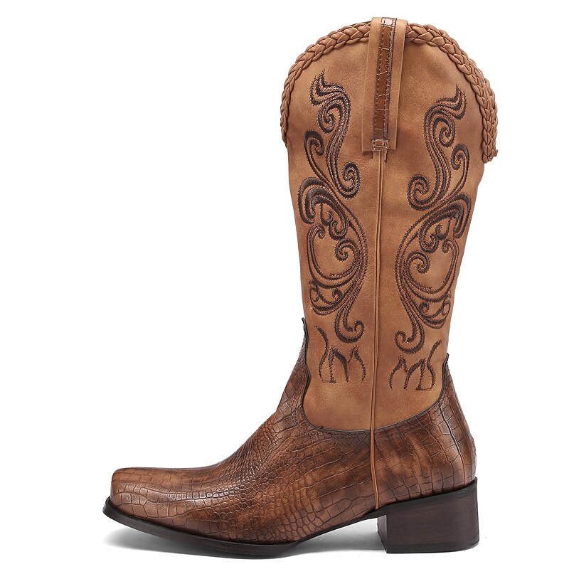 Men's Western Cowboy Boots – Brown Faux Leather with Embroidered Patterns and Crocodile Texture for Vintage Style2