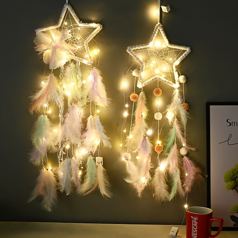 1pc Dream Catcher Handmade Gift Feather Hook Star Pattern Wind Chime with One Circles Ornament Wall Hanging Decor Art Boho Style Without Light