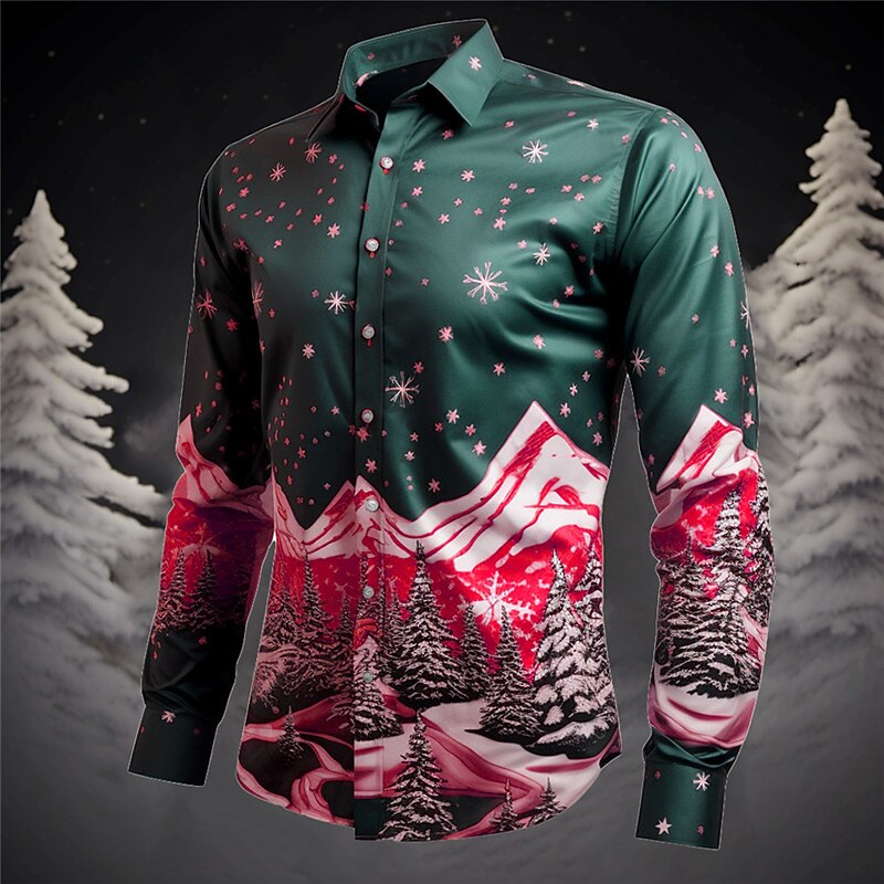 Men's Christmas Tree Mountain Christmas Scene Shirt Summer Hawaiian Shirt Long Sleeve Shirt Turndown Casual Christmas Outdoor Street Black Yellow Dark Navy S M L2