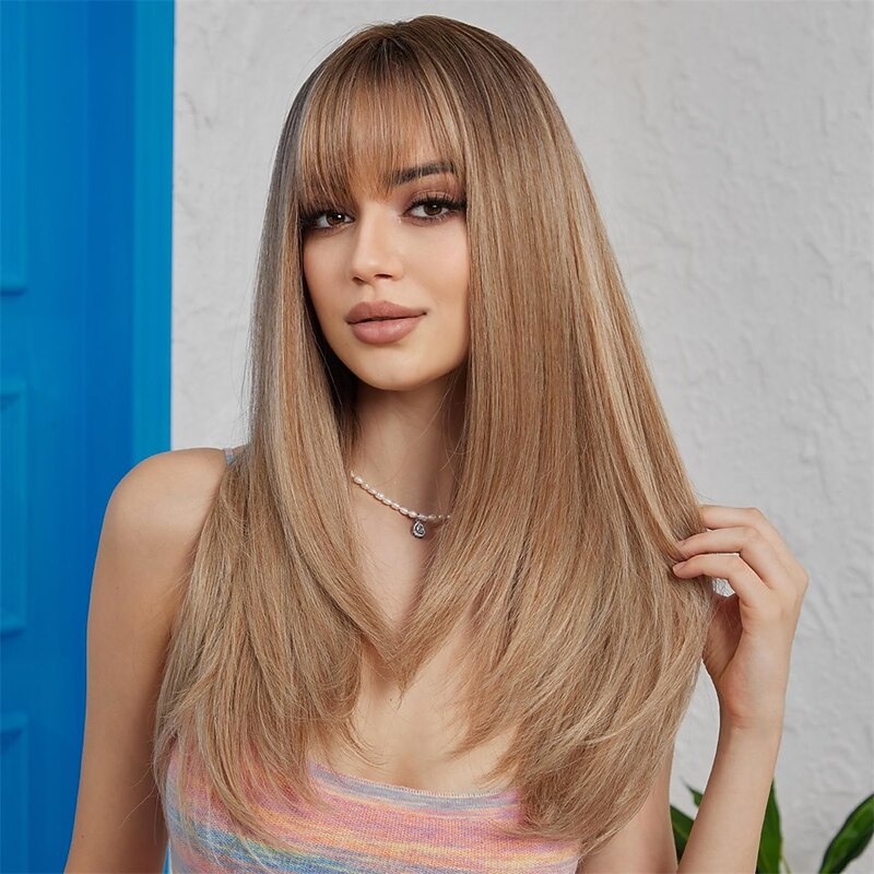 Ash Blonde Wigs for Women Layered Straight Long Wig with Bangs Natural Synthetic Hair with Dark Roots Christmas Party Wigs