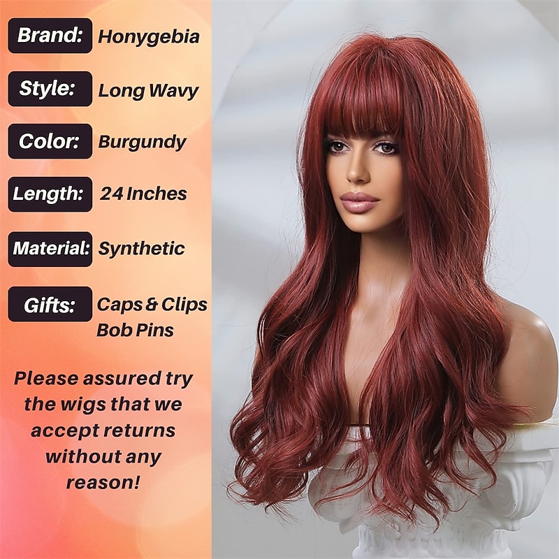 Honygebia Dark Red Wig with Bangs - Burgundy Wigs for Women, Wine Red Long Straight Layered Realistic Hair, Natural Synthetic Heat Resistant Wigs for Halloween/Christmas/Cosplay/Party3