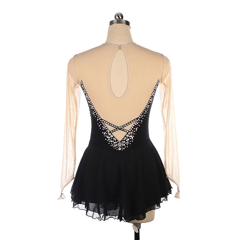 Figure Skating Dress Women's Girls' Ice Skating Dress Black Stretchy Training Competition Skating Wear Thermal Warm Crystal / Rhinestone Long Sleeve Ice Skating Figure Skating2