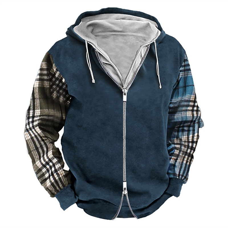Men's Zip Up Hoodie Full Zip Sweatshirt Army Green Navy Blue Khaki Dark Gray Hooded Plaid Zip Up Patchwork Sports & Outdoor Daily Holiday Polyester Streetwear Cool Casual Spring &  Fall Clothing2