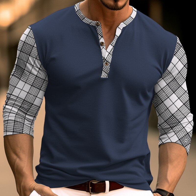 Men's Button T Shirt T Shirt Henley Shirt Tee Top Long Sleeve Henley Spring &  Fall Plaid Color Block Fashion Designer Basic Patchwork Vacation Street Going out Black Navy Blue Brown Top Tee for Men