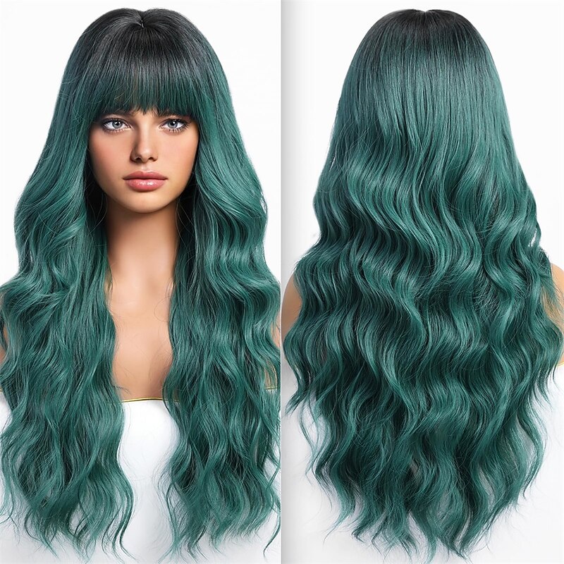 KOME Green Wigs with Bangs,Green Wig for Women Highlight Long Wavy Wig for Women,Long Curly Wigs Synthetic Hair Wig for Party Cosplay Daily Use Christmas Party Wigs