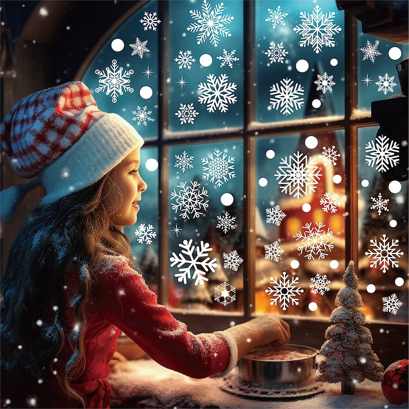 6sheets/set, 114pcs Snowflake Window Stickers, Christmas Decorations, Winter Door Background Decoration, White Snowflake Electrostatic Glass Stickers2
