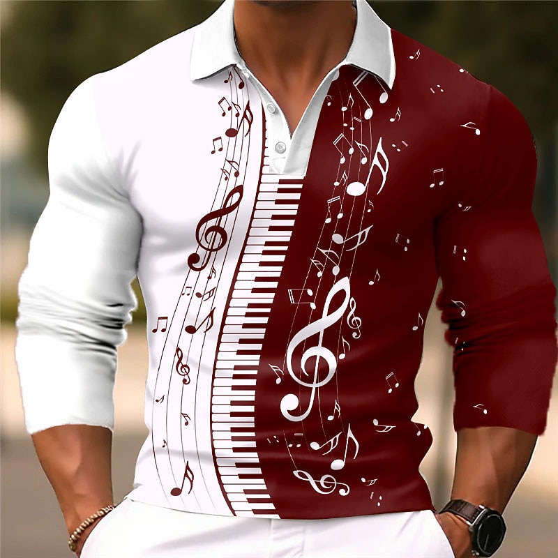 Music Festival Men's Music Polo Shirts Golf Shirt Long Sleeve Polo Shirts Collared Shirts Casual Vacation Wear Festival Wear Party Outfits 3D Print Buttons Fall & Winter Black Wine Blue2