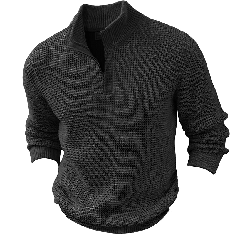 Men's Sweater Pullover Sweater Jumper Jumper Ribbed Waffle Knit Regular Tops Knit Quarter Zip Plain Stand Collar Modern Contemporary Work Daily Wear Clothing Apparel Winter Black Khaki M L XL3