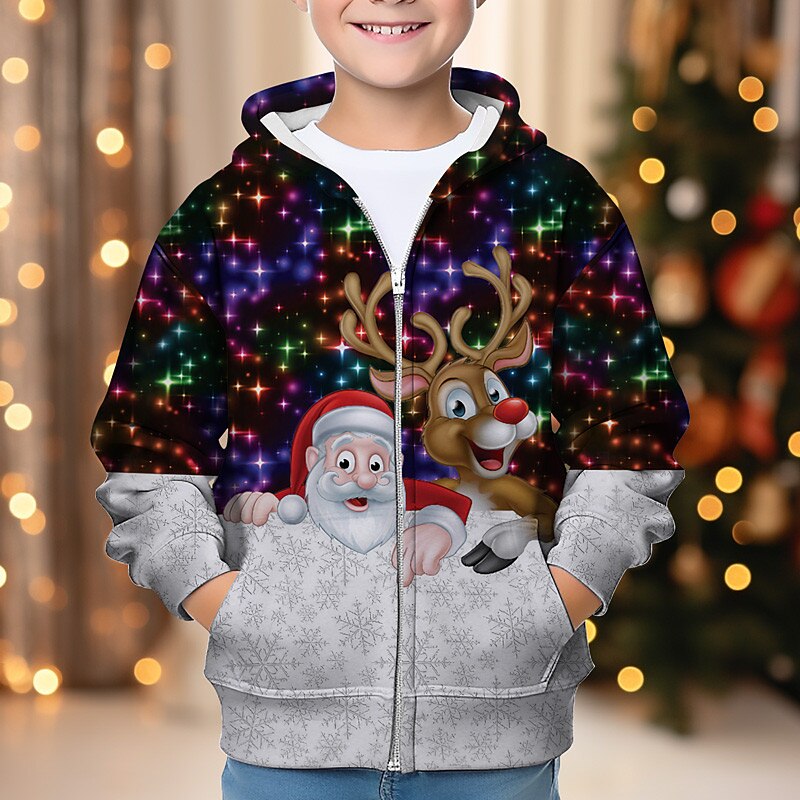 Boys 3D Santa Claus Elk Hoodie Coat Outerwear Long Sleeve 3D Print Fall Winter Fashion Streetwear Cool Polyester Kids 3-12 Years Outdoor Casual Daily Regular Fit3