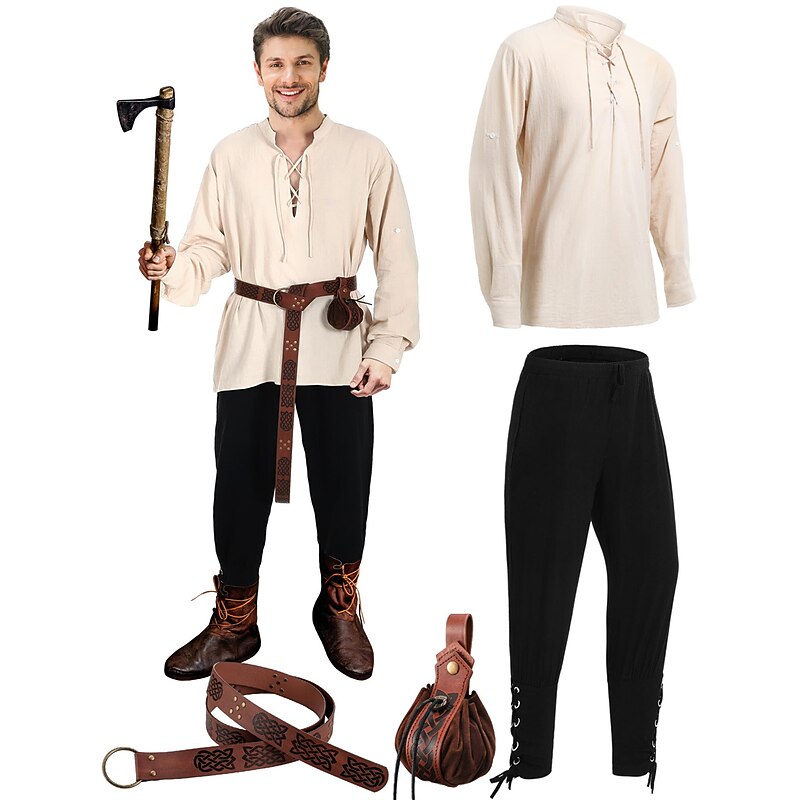 Retro Vintage Medieval Renaissance Pants Outfits Waist Belt Pirate Viking Fancy Dress Men's Viking Fantasy Halloween Carnival Masquerade Carnival Performance Masquerade Adults' Shirt Pants Belt