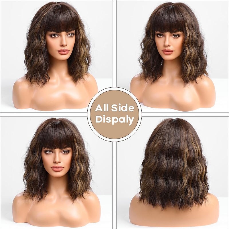 Brown Wig with Highlight Bob Wigs with Bangs Shoulder Length Wavy Wig Middle Part Hair Wig for Women Christmas Party Wigs2