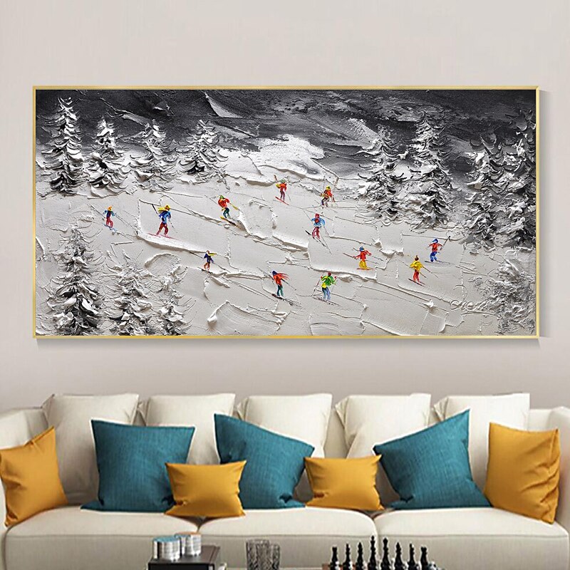 Original White Snow Skiing Painting on Canvas Hand-painted Mountain Art Texture Wall Art Personalized Gift horizontal canvas wall art No Frame2