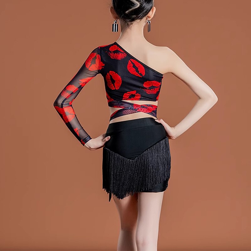 Latin Dance Kids' Dancewear Latin Salsa Dance Skirts Tassel Girls' Performance Daily Wear Long Sleeve Natural Chinlon2