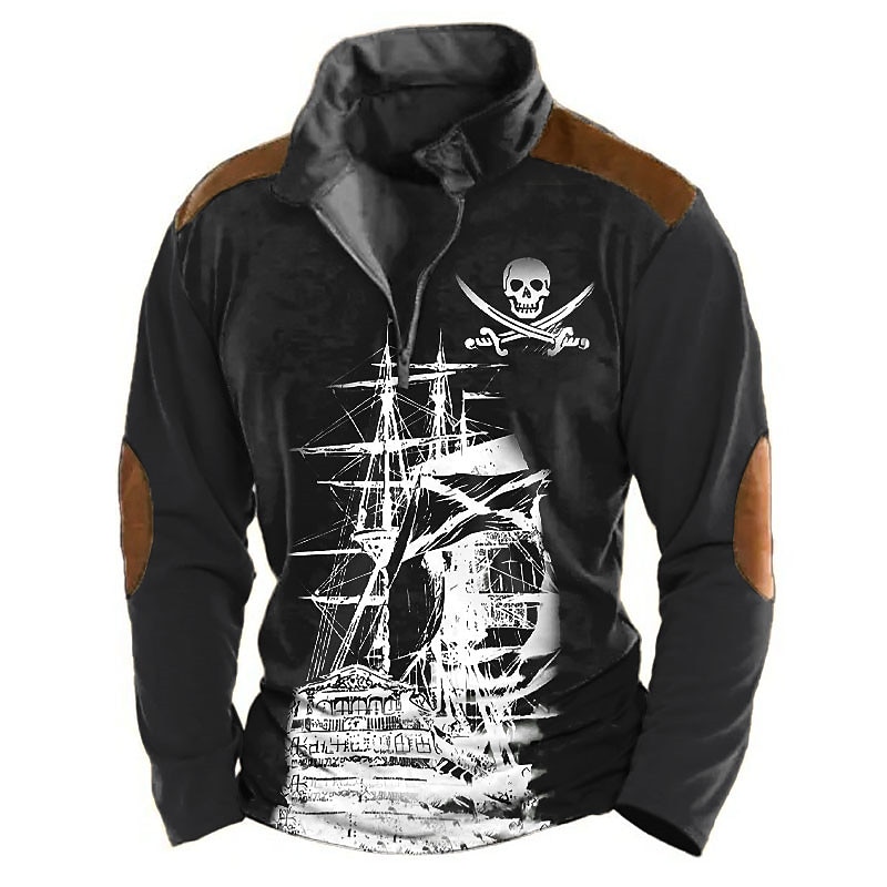 Men's Skull Sailboat Zip Polo Long Sleeve Polo Shirts Turndown Zip Vintage Abstract Outdoor Casual Daily Streetwear 3D Print Fall & Winter Black Blue Brown3