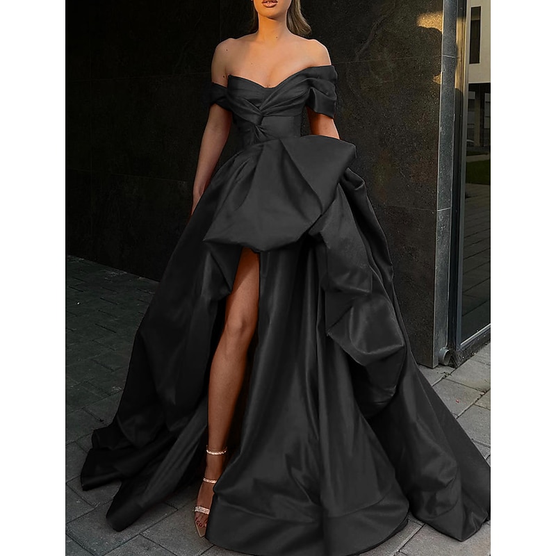 A-Line Evening Gown Party Dress Masquerade Prom Sweep / Brush Train Sleeveless Off Shoulder Satin with Slit