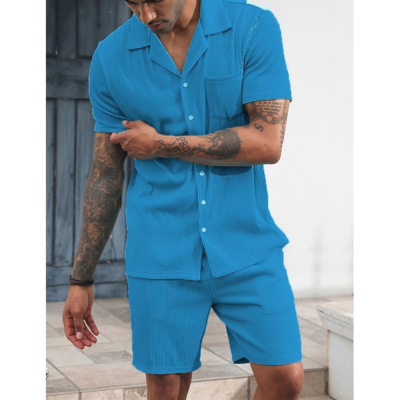 Men's 2 Piece Shirt Set Button Up Shirt Casual Shirt Summer Shirt Yellow Blue Army Green Short Sleeve Plain Camp Collar Daily Vacation Front Pocket Clothing Apparel 100% Cotton Fashion Casual3