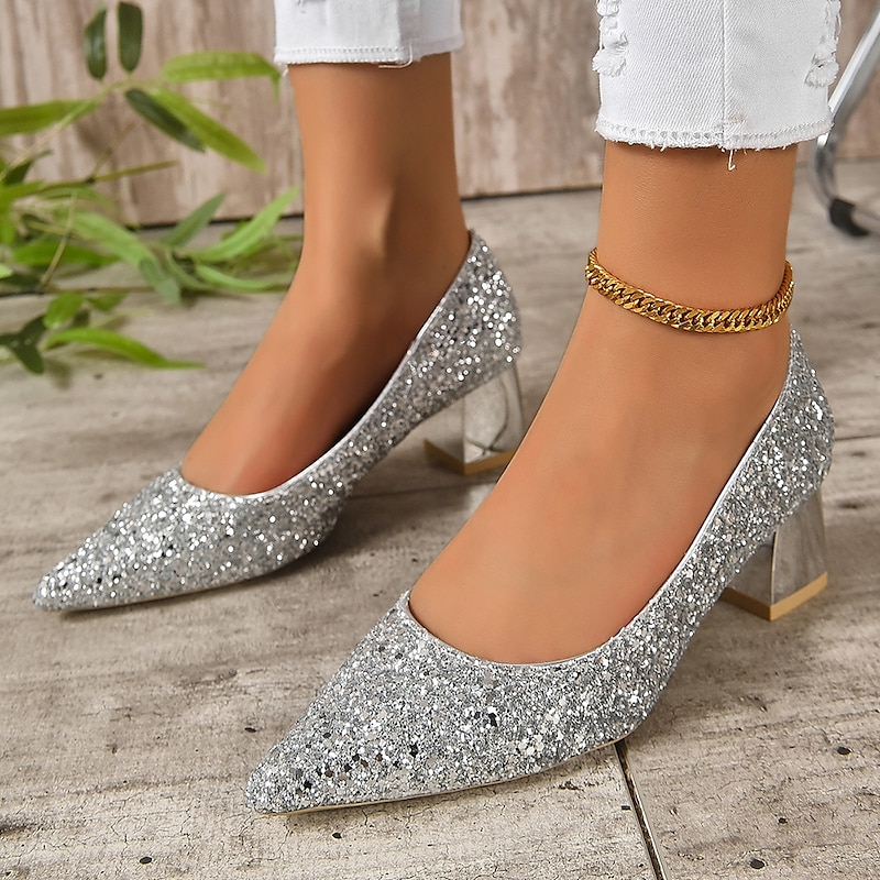 Women's Silver Glitter Pointed-Toe Block Heels – Sparkling Wedding, Party, or Evening Shoes with Metallic Finish4