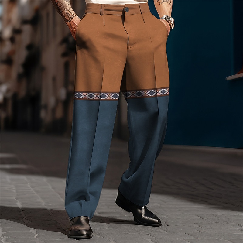 Color Block Geometry Vintage Business Men's 3D Print Pants Trousers Outdoor Street Wear to work Polyester Black Navy Blue Brown S M L High Elasticity Pants4