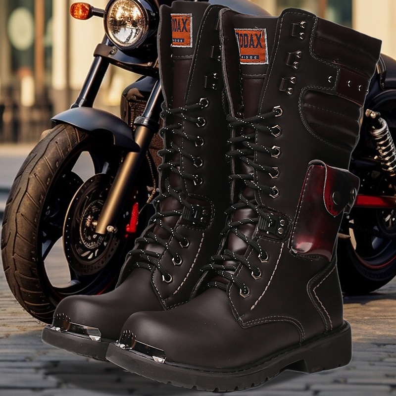 Men's Black Faux Leather Motorcycle Boots with Metal Toe Caps - Rugged Lace-Up Biker Boots for Riding and Outdoor Adventures