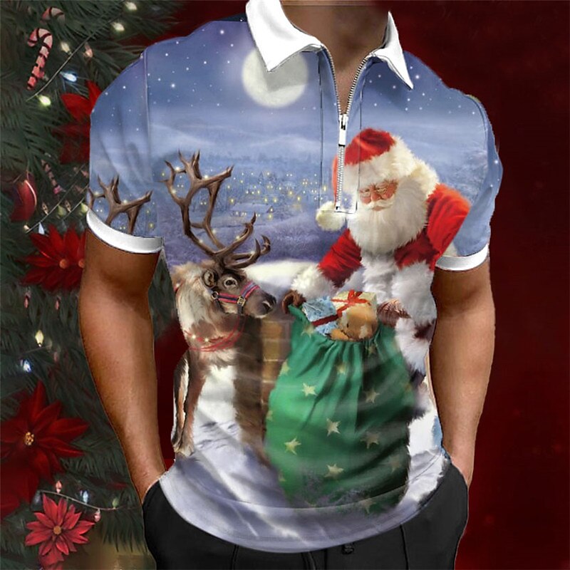 Christmas Men's Santa Claus 3D Zipper Polo Santa Claus Casual Print 3D Zip Golf Outdoor Daily Wear Streetwear Polyester Short Sleeve Turndown Zip Shirts Navy Blue Blue Autumn / Fall S M L2