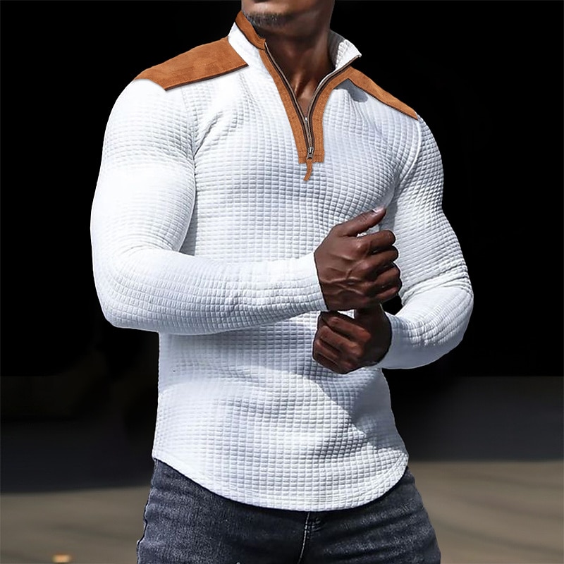 Men's Waffle Tee Waffle Shirt T Shirt Tee Top Long Sleeve Standing Collar Spring &  Fall Color Block Fashion Designer Basic Patchwork Quarter Zip Vacation Street Going out Black White Navy Blue Top