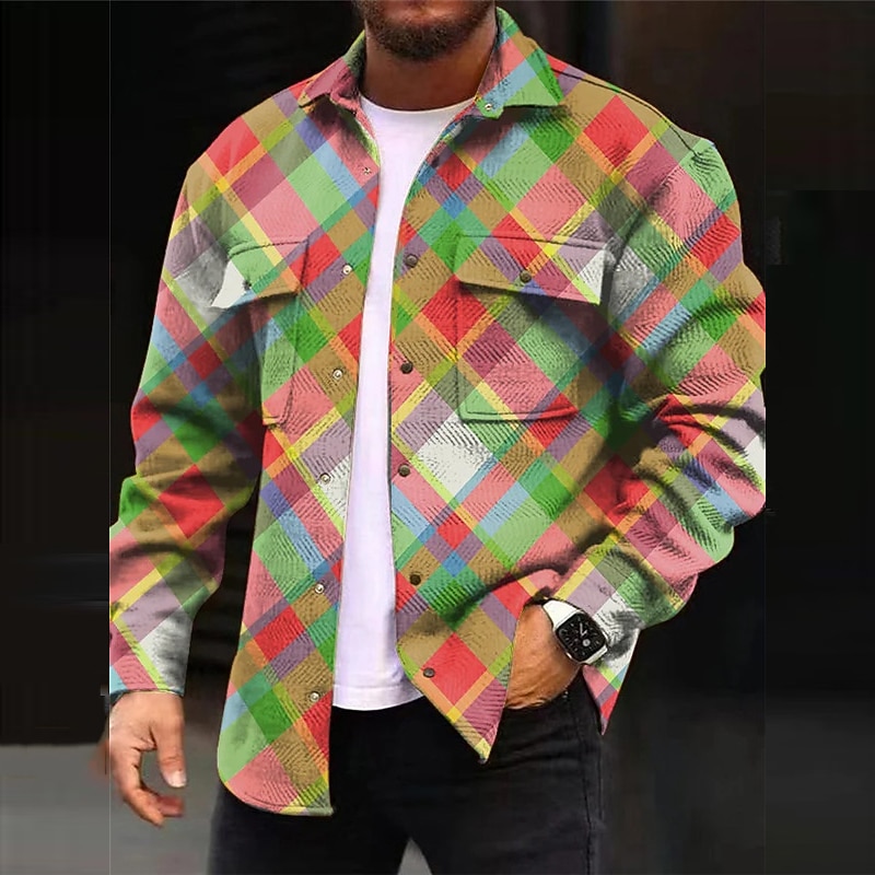 Men's Plaid Geometric Pattern Gradient Ramp Shirt Shirt Jacket Overshirt Long Sleeve Casual Outdoor Street Casual Daily Fall & Winter Turndown Buttons Pocket Print Pink Red Blue Purple Green