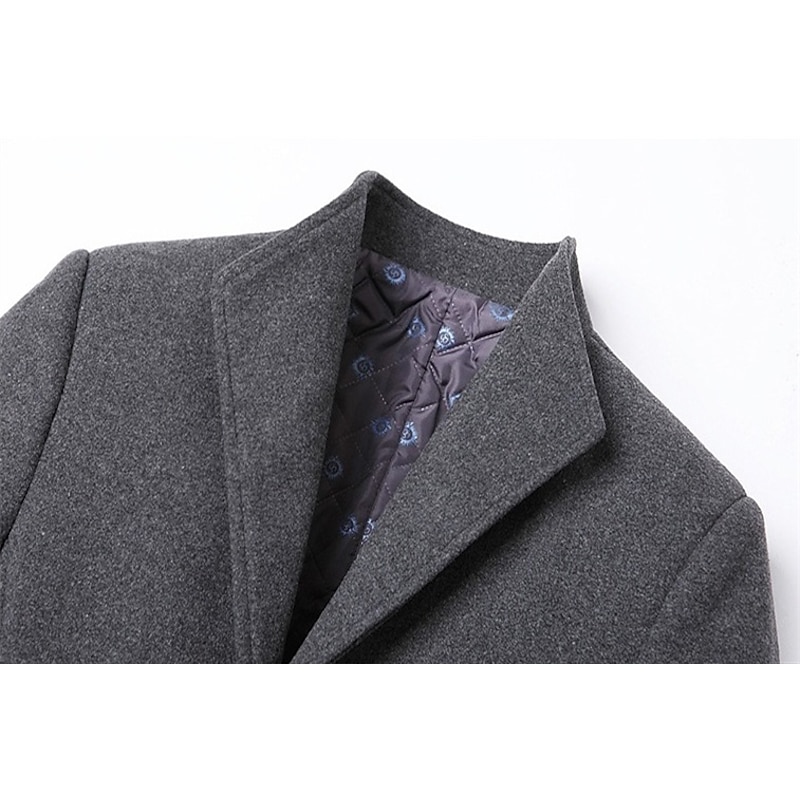 Men's Winter Coat Wool Coat Overcoat Blazer Office Business Winter Wool Windproof Warm Outerwear Clothing Apparel Office / Business Solid Color Pocket Stand Collar Single Breasted One-button4